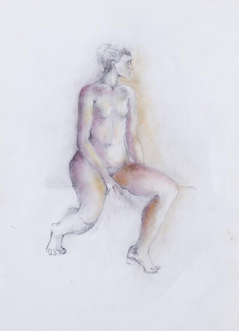 Croquis au fusain d'une femme nue assise
